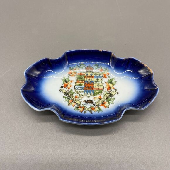 Flow Blue Canada Butter Pat Dish Antique Dominion Crest Porcelain Pre-1921 - Picture 1 of 8